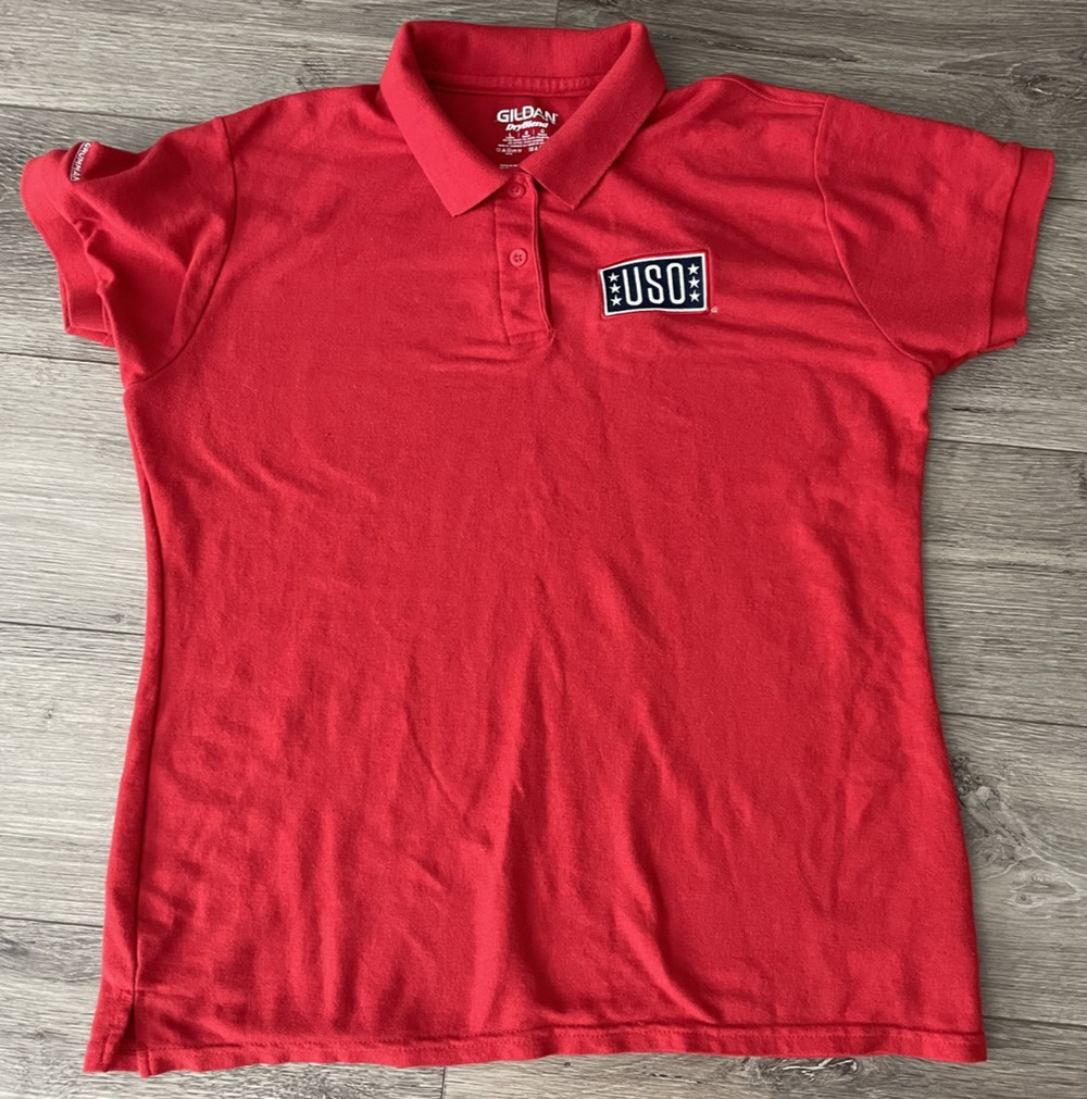 USO Red Polo Shirt Gildan Short Sleeve Embroidered Patch Size Large